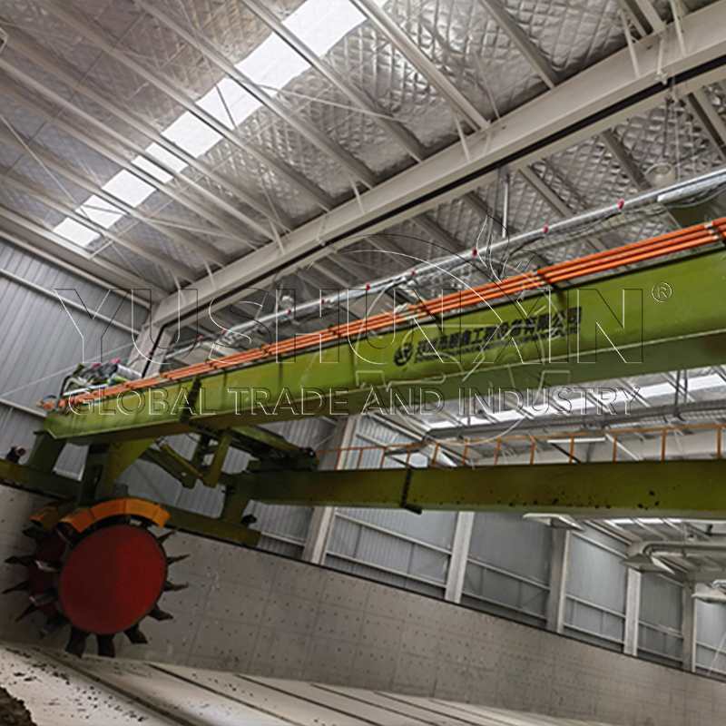 double-wheel compost turner installed in a covered fermentation workshop